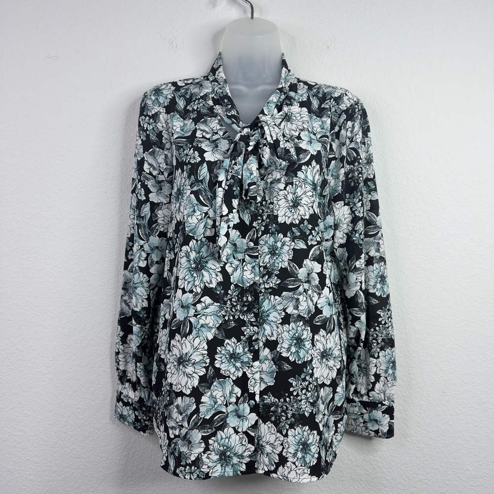 Karl Lagerfeld Shirt Womens M Black Teal Floral Button Tie Dark Romantic Career